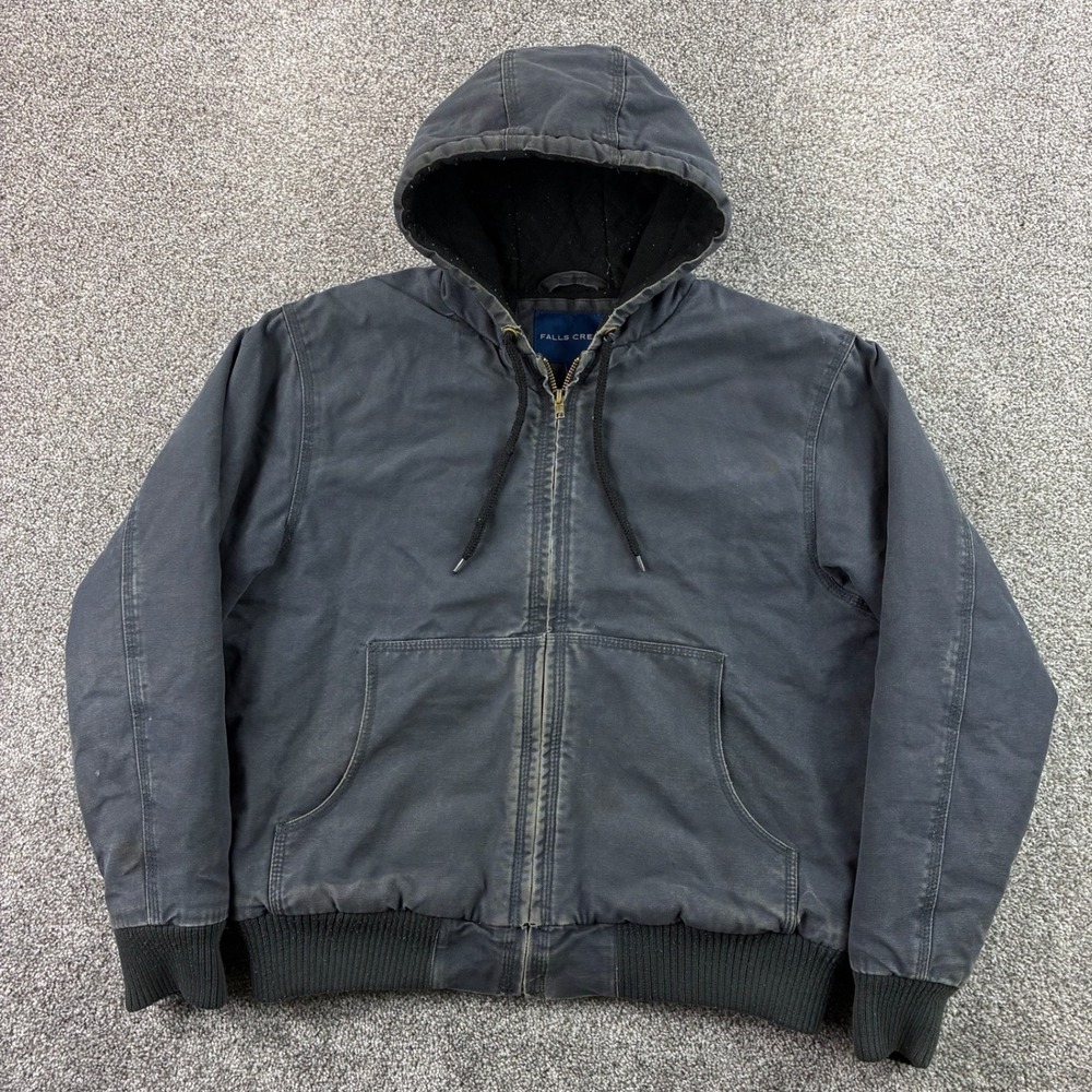 Falls Creek Jacket Mens Medium Blue Hooded Insulated Quilted Heavy Canvas